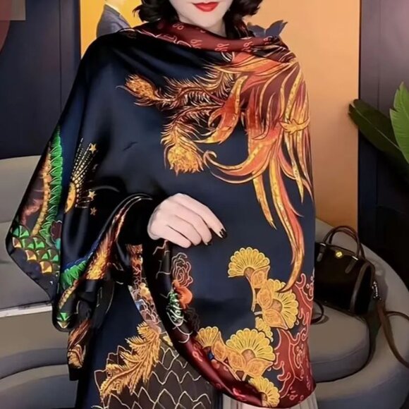 NEW Black and Gold Rich Floral Mulberry Silk Wrap Scarf Ruana Shawl